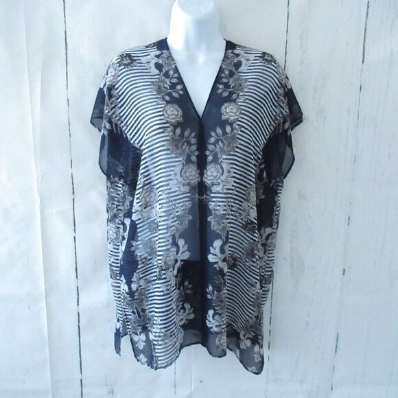 Cabi Yacht Top S Small Navy Blue Floral Stripe Sheer Popover 5024 - Picture 1 of 6